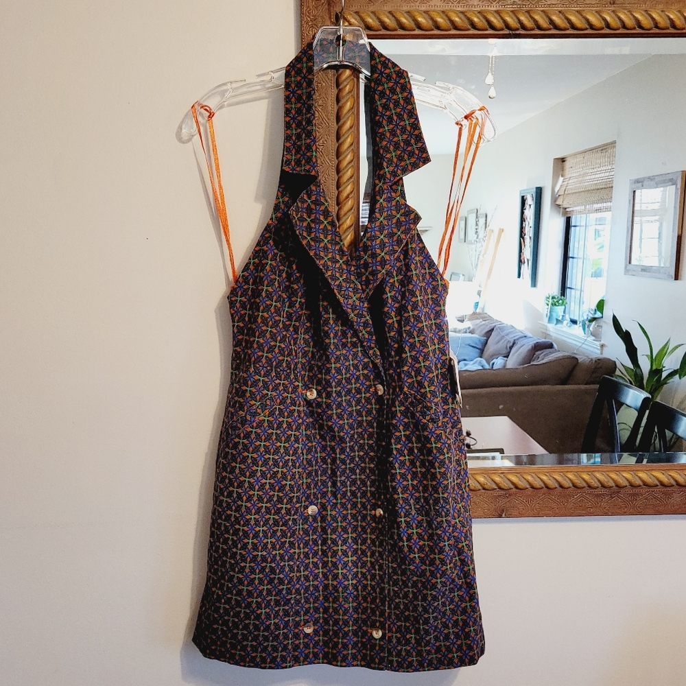 Free People Navy Mini Dress with Multicolor Geometric Print. NWT
